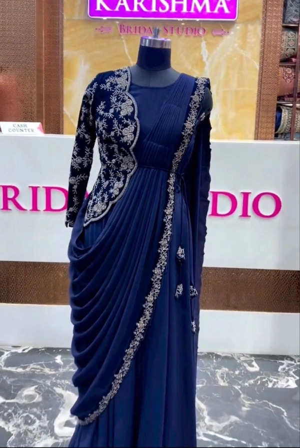 SUPER TRENDING EMBROIDERY CORDING WORK READY TO WEAR SAREE WITH HALF KOTI