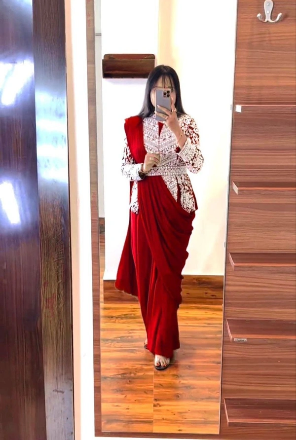 SUPER CORDING WORRK READY TO WEAR SAREE WITH FULL EMBROIDRED KOTI