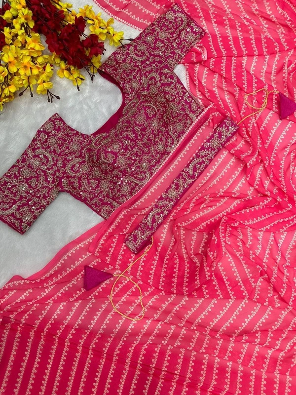 FWHB READY TO WEAR SAREE WITH STITCHED EMBROIDERED BLOUSE - XL, Coral Red