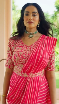 FWHB READY TO WEAR SAREE WITH STITCHED EMBROIDERED BLOUSE - XL, Coral Red