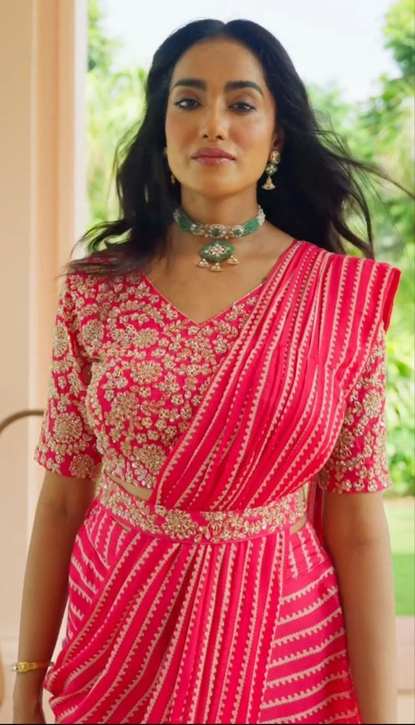 FWHB READY TO WEAR SAREE WITH STITCHED EMBROIDERED BLOUSE - XL, Coral Red