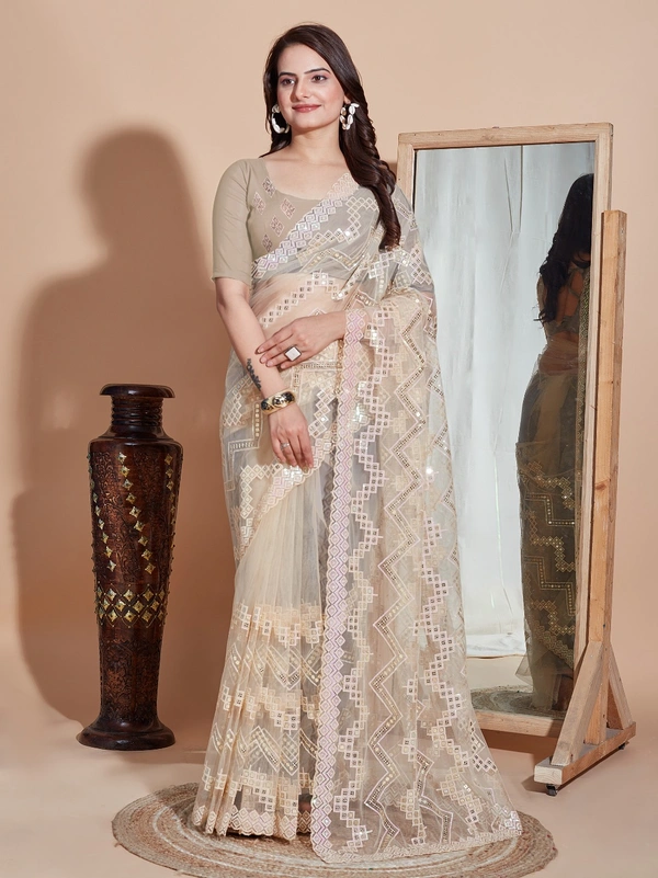 DESIGNER SOFT NET SEQUINS WORK SAREE WITH BLOUSE PIECE