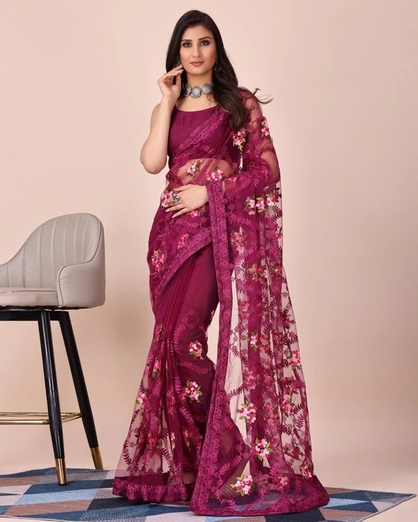 CHIKANKARI EMBROIDERED SOFT NET SAREE WITH BLOUSE PIECE
