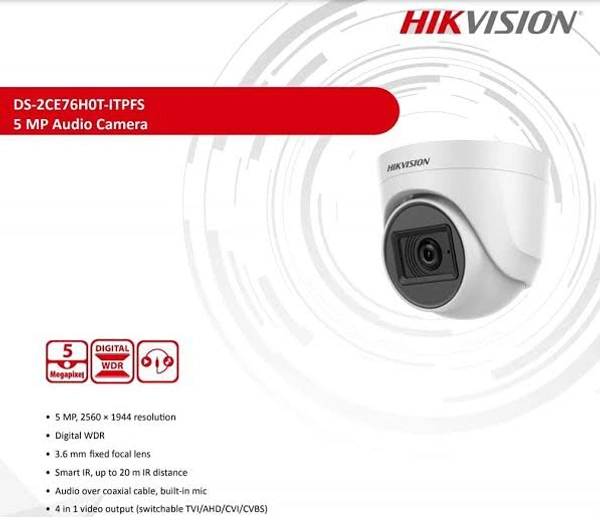 HIKVISION 2MP HD DOME CAMERA DS-2CE76D0T-ITPFS Ultra-HD IR Wired CCTV Dome Camera,with inbuilt Audio Mic White (2 MP Dome Camera))