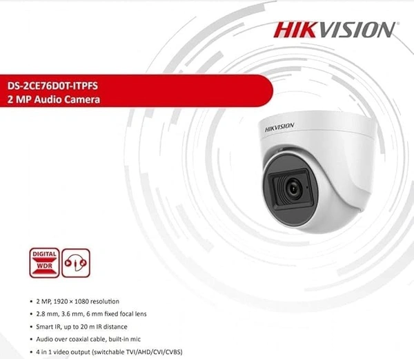 HIKVISION 2MP DS-2CE76D0T-ITPFS Indooor Dome Wired HD 1080p with inbuilt Mic For Audio Recording