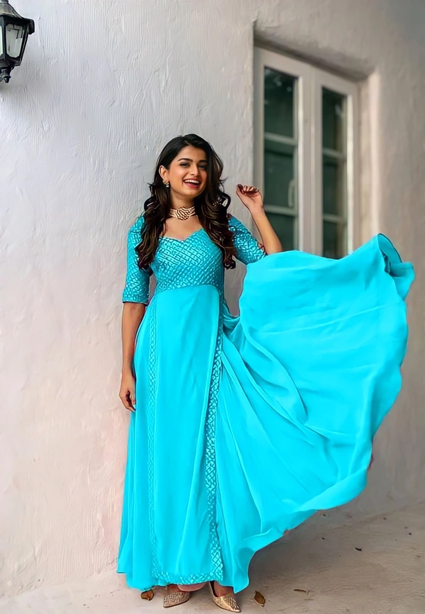 Sequance Embroidered Gown - 2XL, Sky Blue