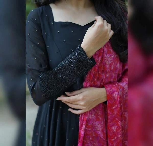 New party wear Embroidery work gown with digital printed dupatta - M