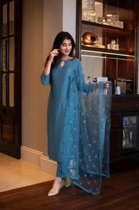 Pure Chiffon Petrol Color Plain Designer Kurta Set - S