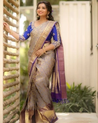 Glittering Grey Soft Banarasi Silk Saree With Snazzy Blouse Piece - Free Size