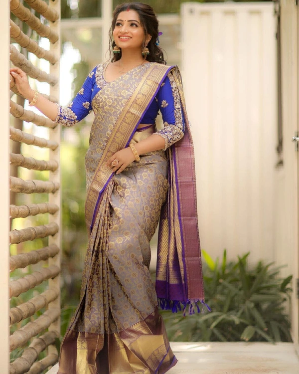 Glittering Grey Soft Banarasi Silk Saree With Snazzy Blouse Piece - Free Size