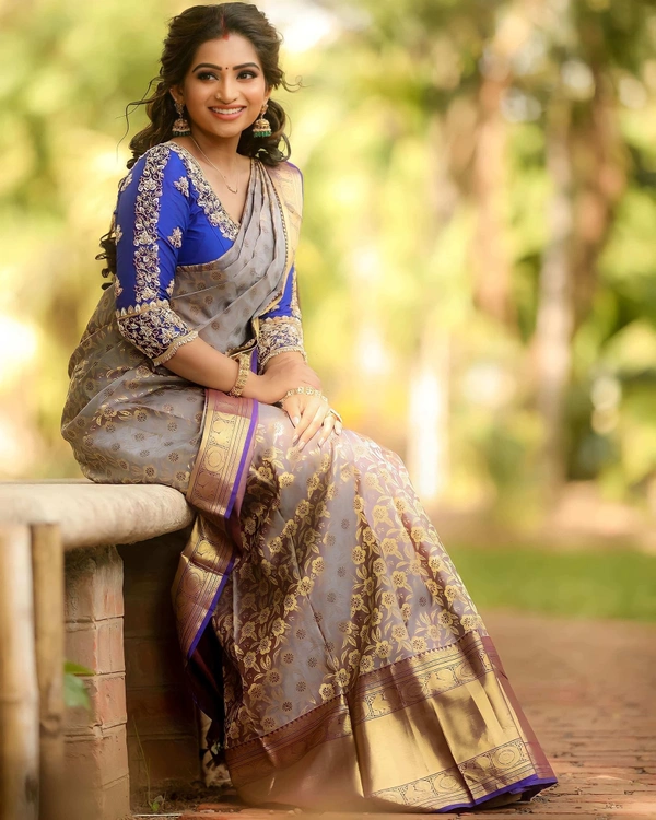 Glittering Grey Soft Banarasi Silk Saree With Snazzy Blouse Piece - Free Size