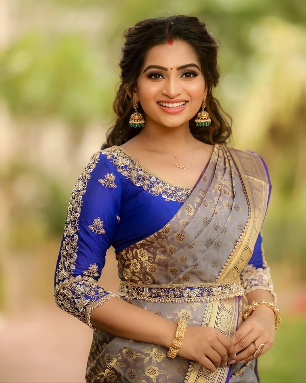 Glittering Grey Soft Banarasi Silk Saree With Snazzy Blouse Piece - Free Size