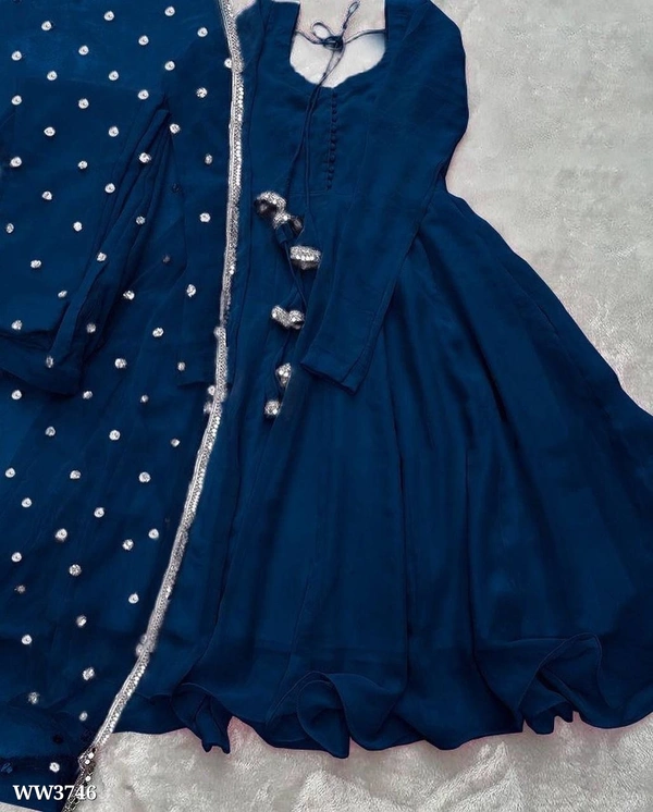 PARTYWEAR LOOK ANARKALI GOWN AND FANCY LACE WORK - XL, Navy Blue