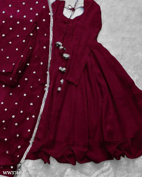 PARTYWEAR LOOK ANARKALI GOWN AND FANCY LACE WORK - Maroon, L