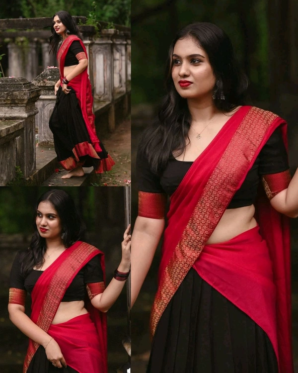 South Indian Traditional Half Saree - Red & Black, Free Size