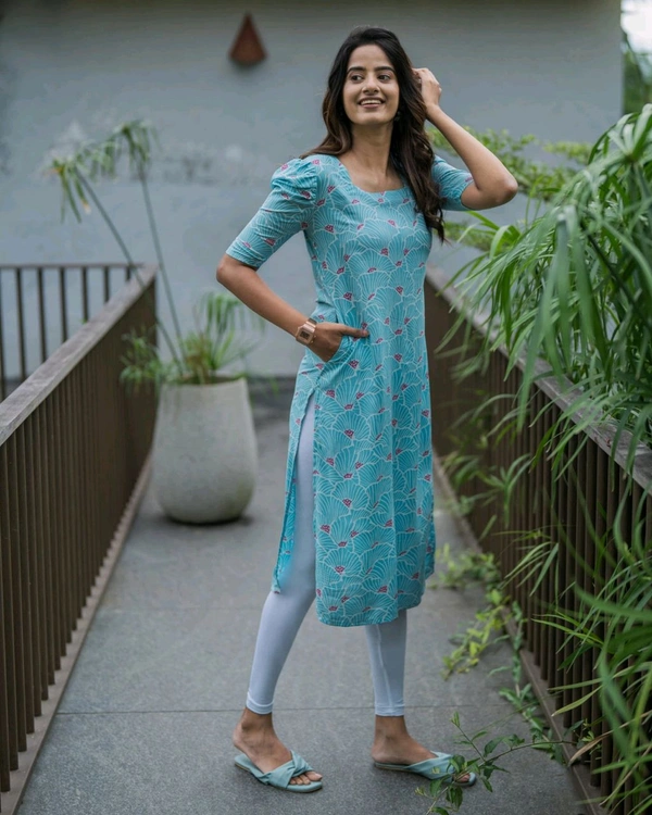 Stylish Trendy Floral Printed Beautiful Ethinic Kurti - Sky Blue, L