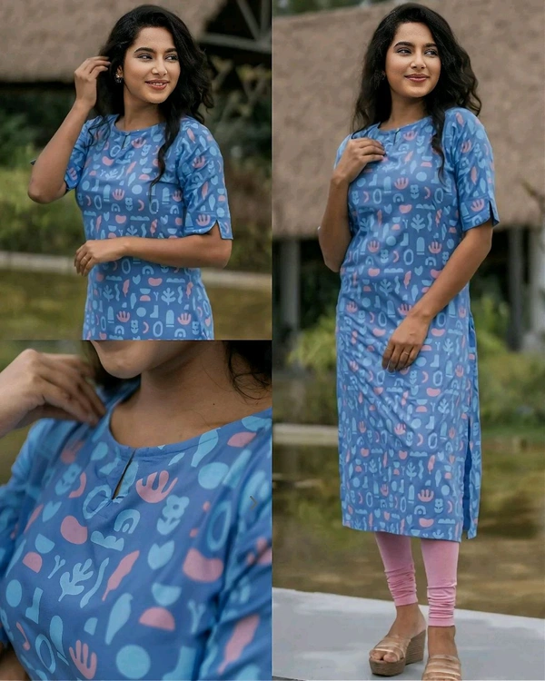 Stylish Trendy Floral Printed Beautiful Ethinic Kurti - Steel Blue, XL