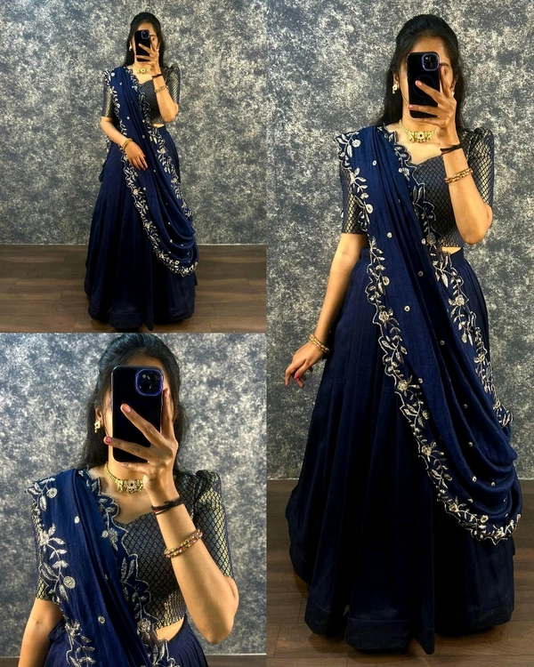 Super Trendy New Full Stitched Lehenga - Navy Blue, M