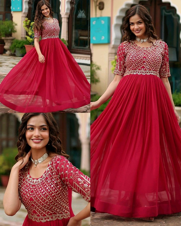 New Collections Party Wear Anarkali Gown Set For Women  - Claret, S