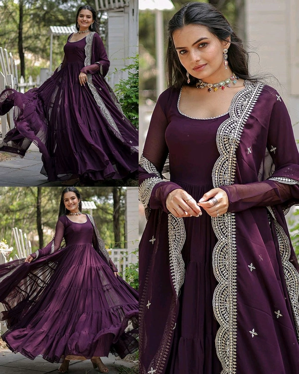 Beautiful Partywear Dress Designer Gown for Women  - Purple, L