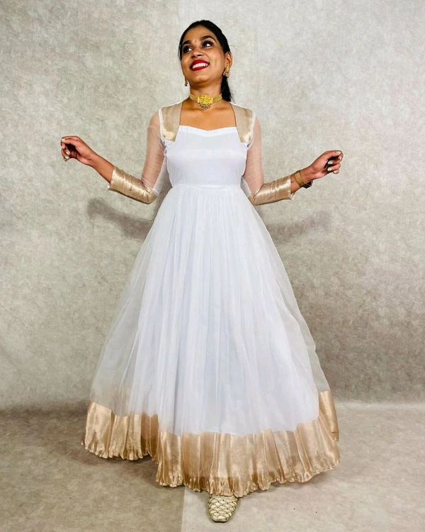 Attractive Chiffon Pattu With Dyeing Work Gown for Women - White, L
