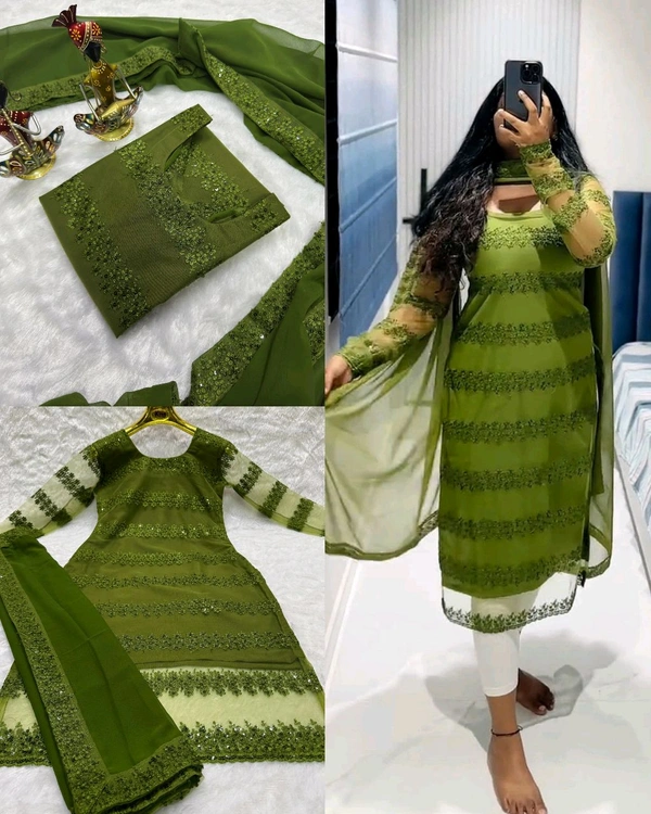Trendy New Designer Sequins Embroidered Kurti And Duptta Set - Green, 2XL