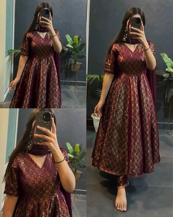 Beautiful Elegance Anarkali Style Soft Silk Gown With Pant & Duppata. - L