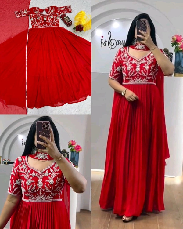 Launching Embroidered Gown - Red, S
