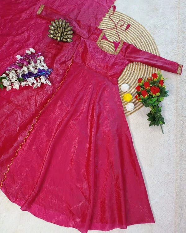 Beautiful Designer Hand Zardoshi Work Gown With Cut Work Duppata - XL, Dark Pink