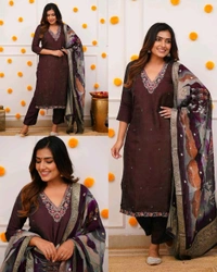 Embroidered Regular Kurta With Trousers & Jacquard Organza Printed Dupatta set - Brown, S