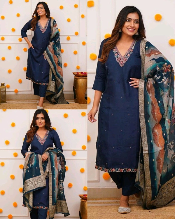 Embroidered Regular Kurta With Trousers & Jacquard Organza Printed Dupatta set - Brown, S