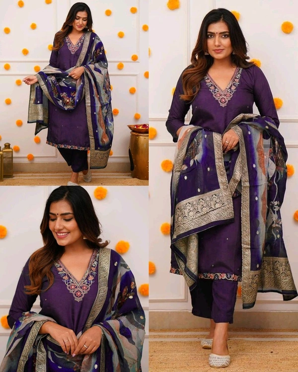 Embroidered Regular Kurta With Trousers & Jacquard Organza Printed Dupatta set - Cherry Pie, 2XL