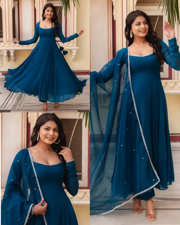 Stylish Anarkali Gown With Pant and Dupatta Ready To Wear 3 Pis Suit Set - Teal, S