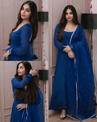 Stylish Anarkali Gown With Pant and Dupatta Ready To Wear 3 Pis Suit Set - Teal, S