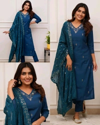Women Embroidered Chanderi SILK KURTA SET - Purple, S