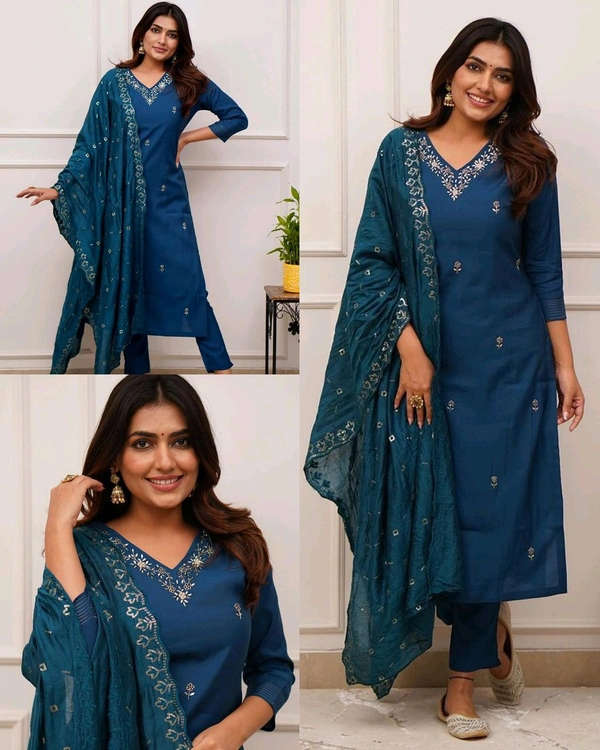 Women Embroidered Chanderi SILK KURTA SET - Teal, S