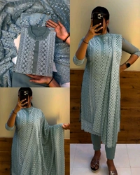 Fully stitched chikankari set - Wine, S