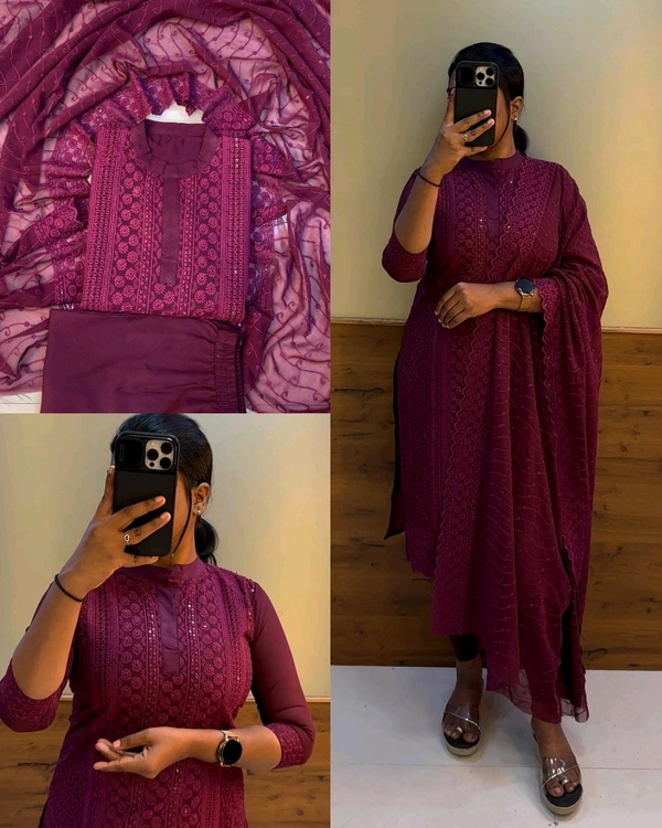 Fully stitched chikankari set - Wine, XL