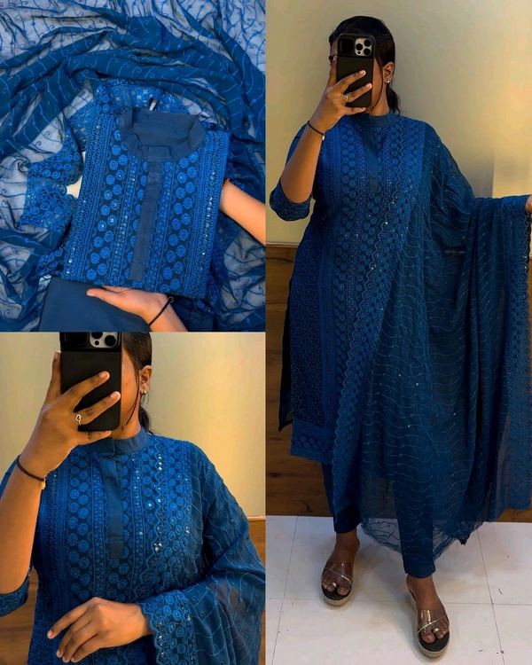 Fully stitched chikankari set - Blue, 3XL