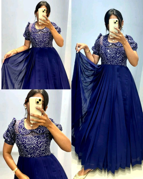 Deep purple! Grab this deep purple dress with detailed pleating and beautiful rose embroidered with silver sequnace!!and designed with baby coller!! - XL