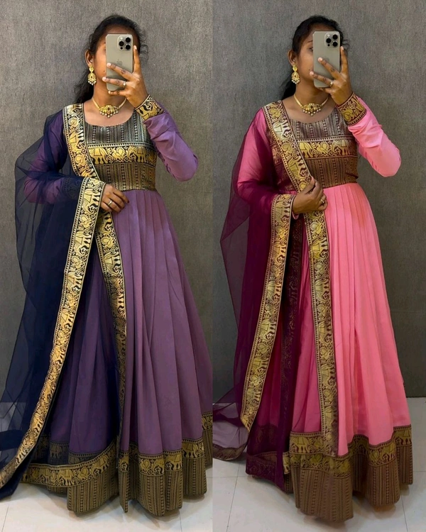 Premium blooming vichitra Silk with kanchi zari border outfit - Pink, XL