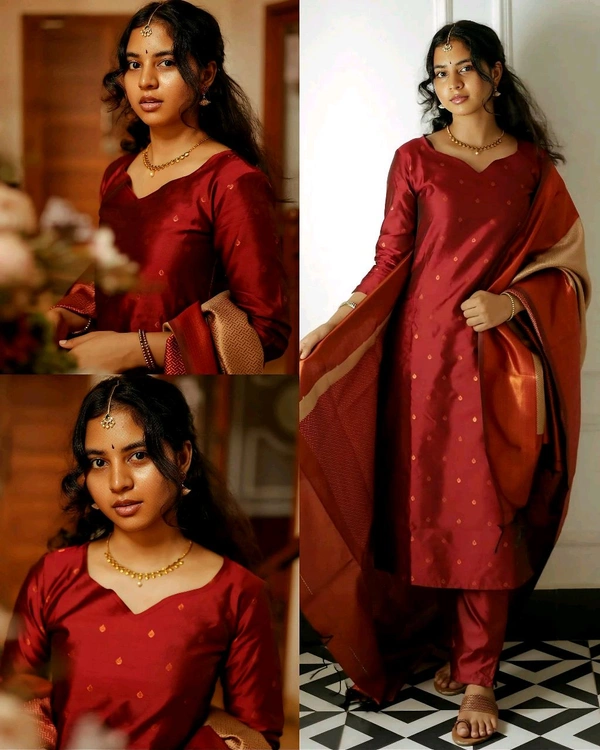 Women Woven Design Jacquard Kurta Bottom Set With Dupatta - Maroon, L