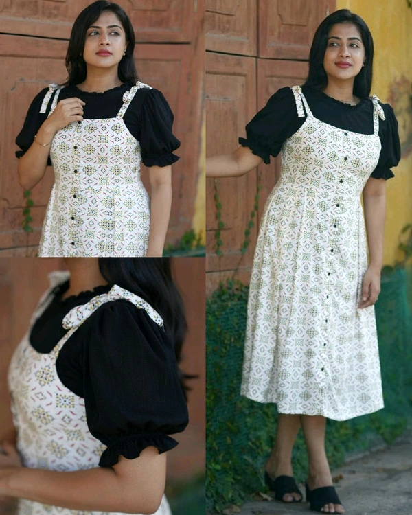 White Printed Button-Down Midi Dress with Black Puff-Sleeve Layer - XL