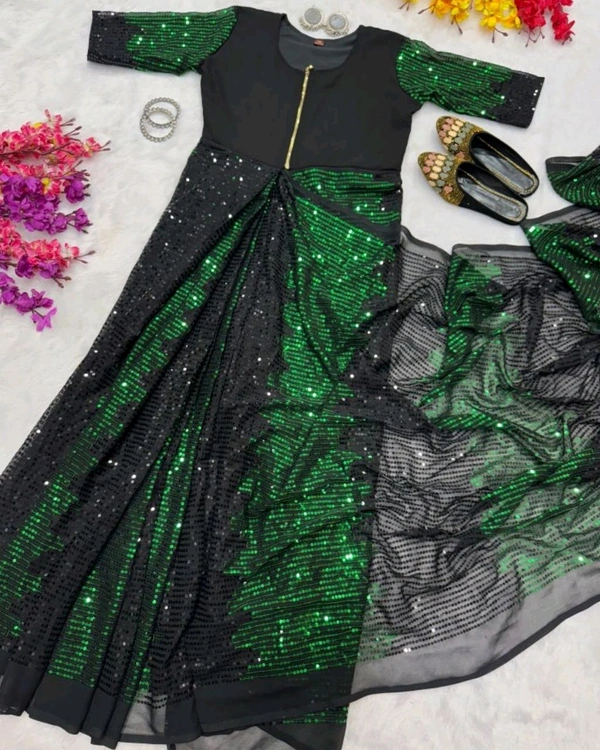 Trending Zip & Go Sequence Saree - Green, XL