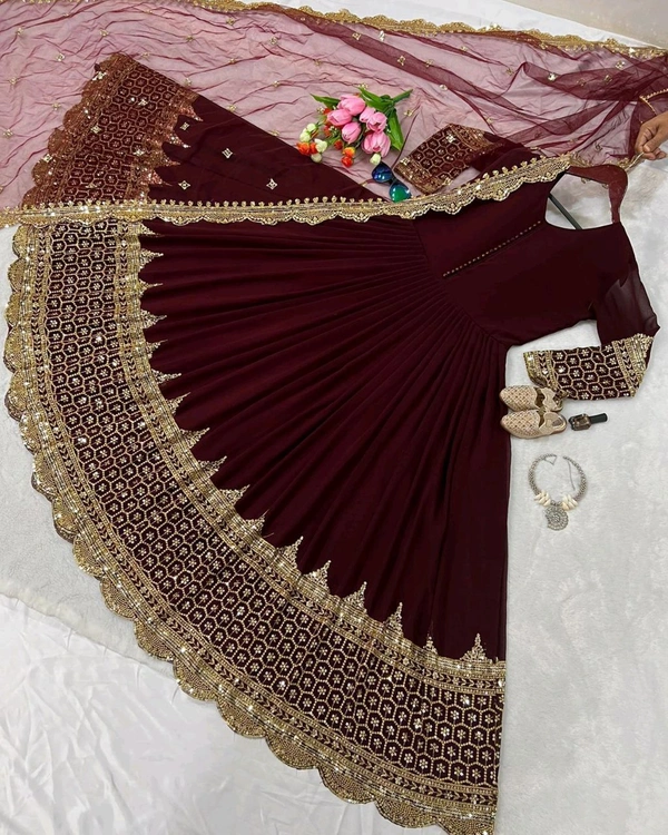 Launching New Designer Party Wear Look Gown - Wine Berry, XL