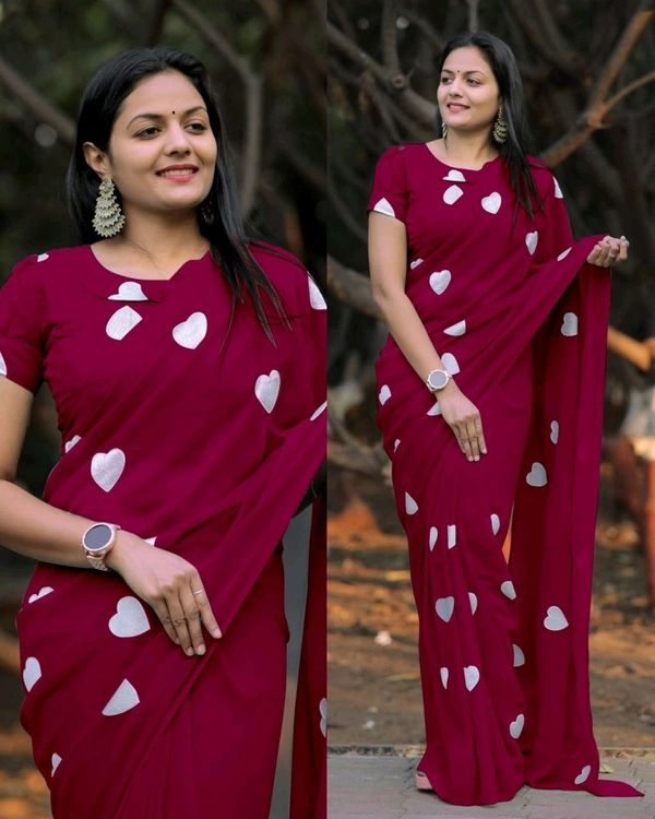 Treny Heart Design New Georgette Embroidery Saree - White, Free Size