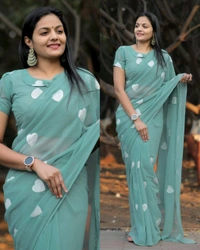 Treny Heart Design New Georgette Embroidery Saree - White, Free Size