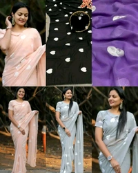Treny Heart Design New Georgette Embroidery Saree - White, Free Size