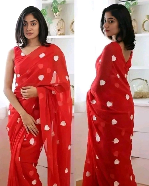Treny Heart Design New Georgette Embroidery Saree - Red, Free Size