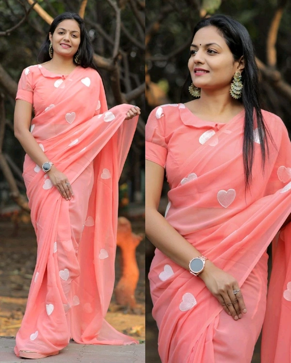 Treny Heart Design New Georgette Embroidery Saree - Peach, Free Size